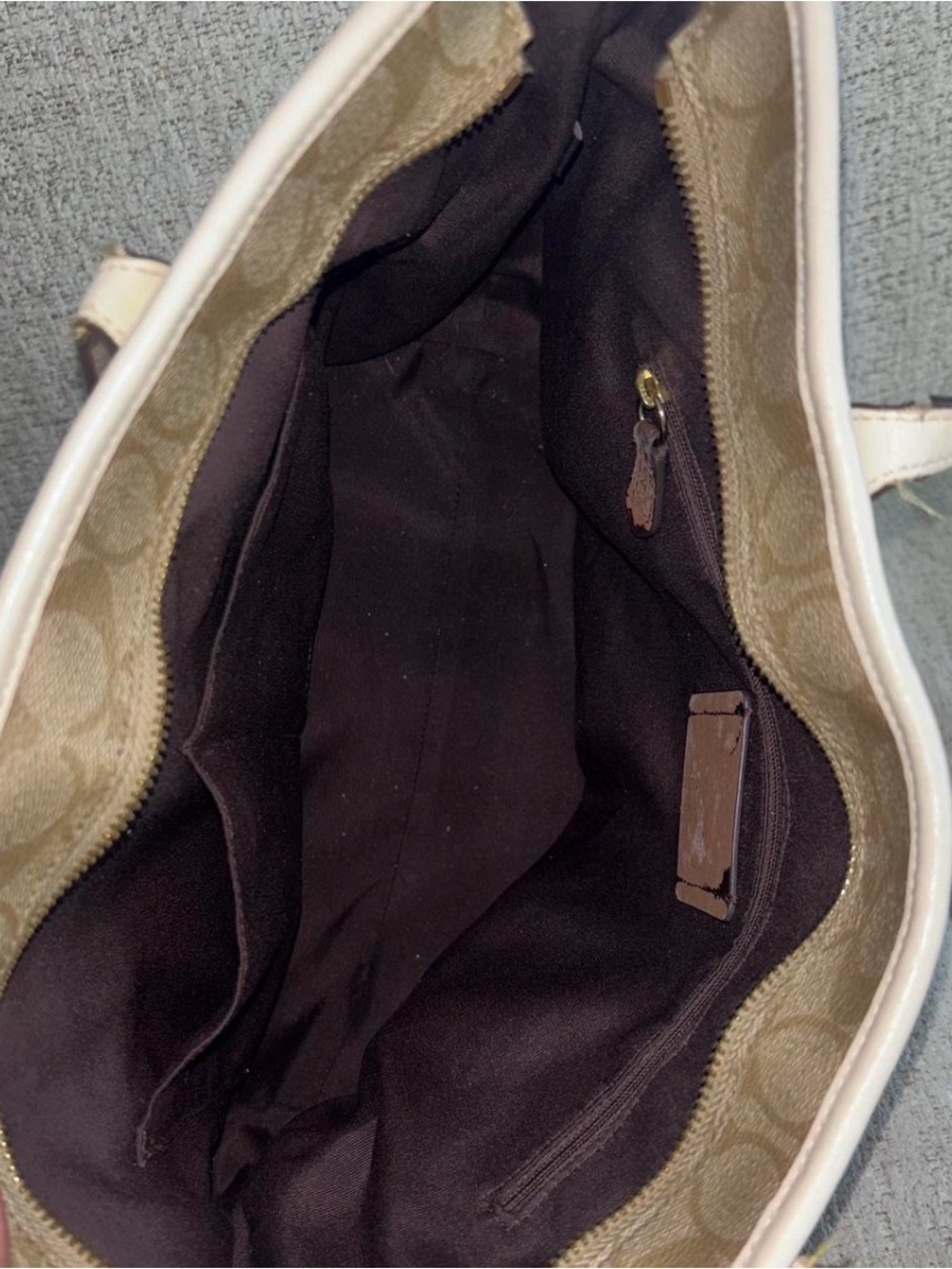 Coach Tan Signature Canvas Tote with Cream Trim khaki tote bag authentic USED - Picture 13 of 15